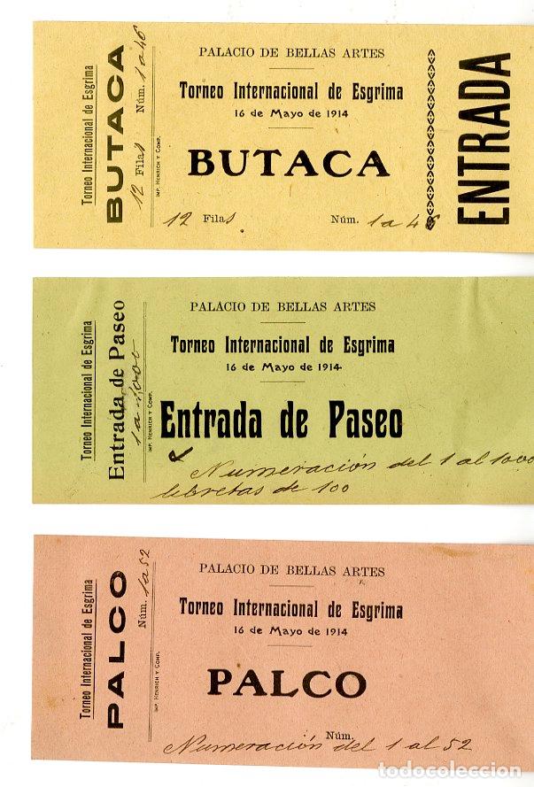 Coleccionismo deportivo: Set completo tres entradas Torneo Internacional de Esgrima 16-5-1914 - Palacio de Bellas Artes