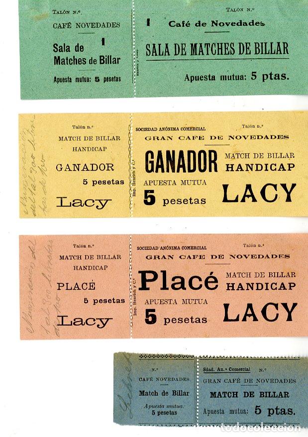 Coleccionismo deportivo: Cinco boletos de apuestas Match de Billar Handicap Gran Caf&eacute; de Novedades - Gran Caf&eacute; de Novedades