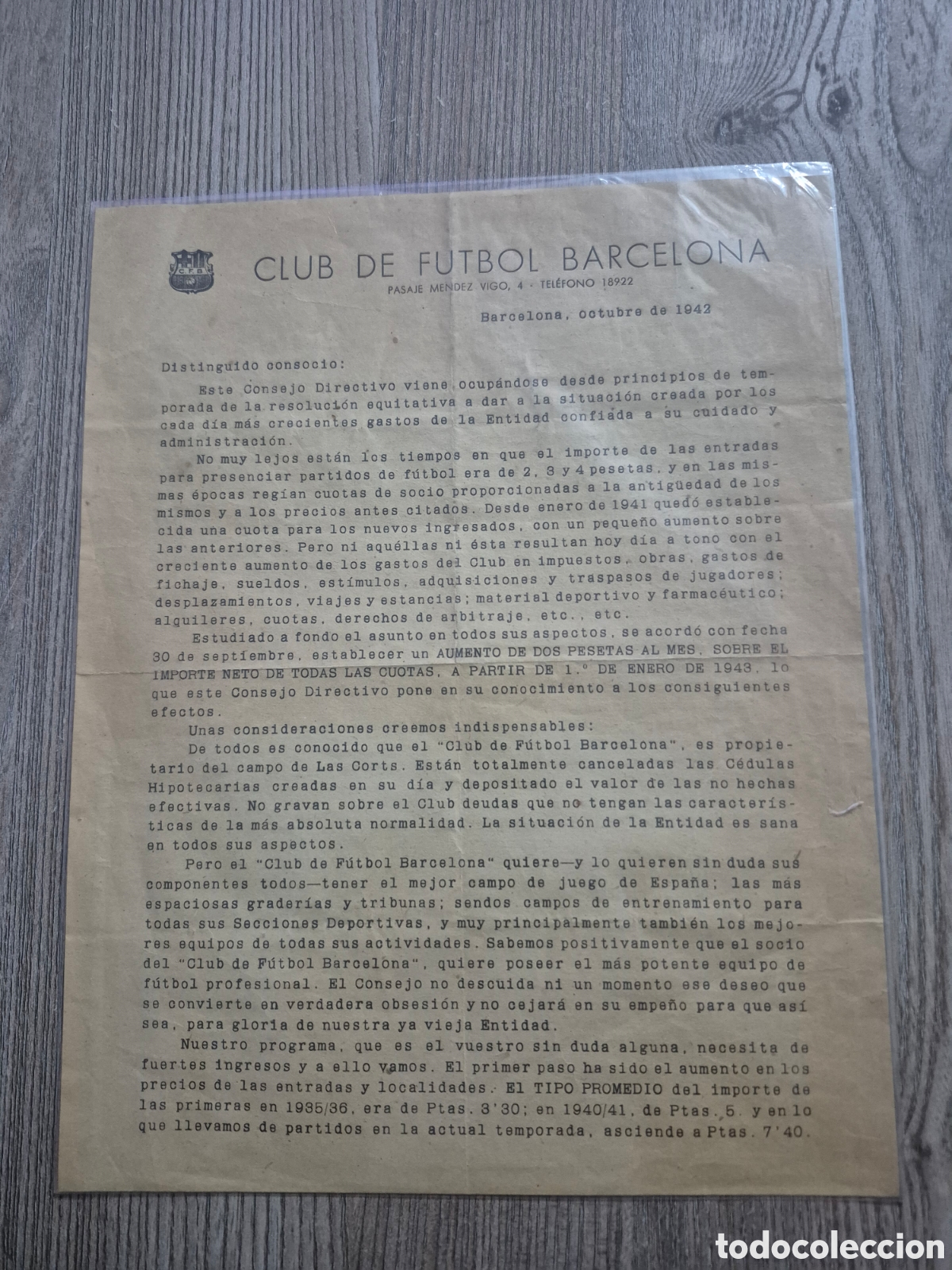 Coleccionismo deportivo: CARTA AL SOCI DEL F.C.BARCELONA ESTADI DE LES CORTS 1942,AUMENTO DE 2 PESETAS