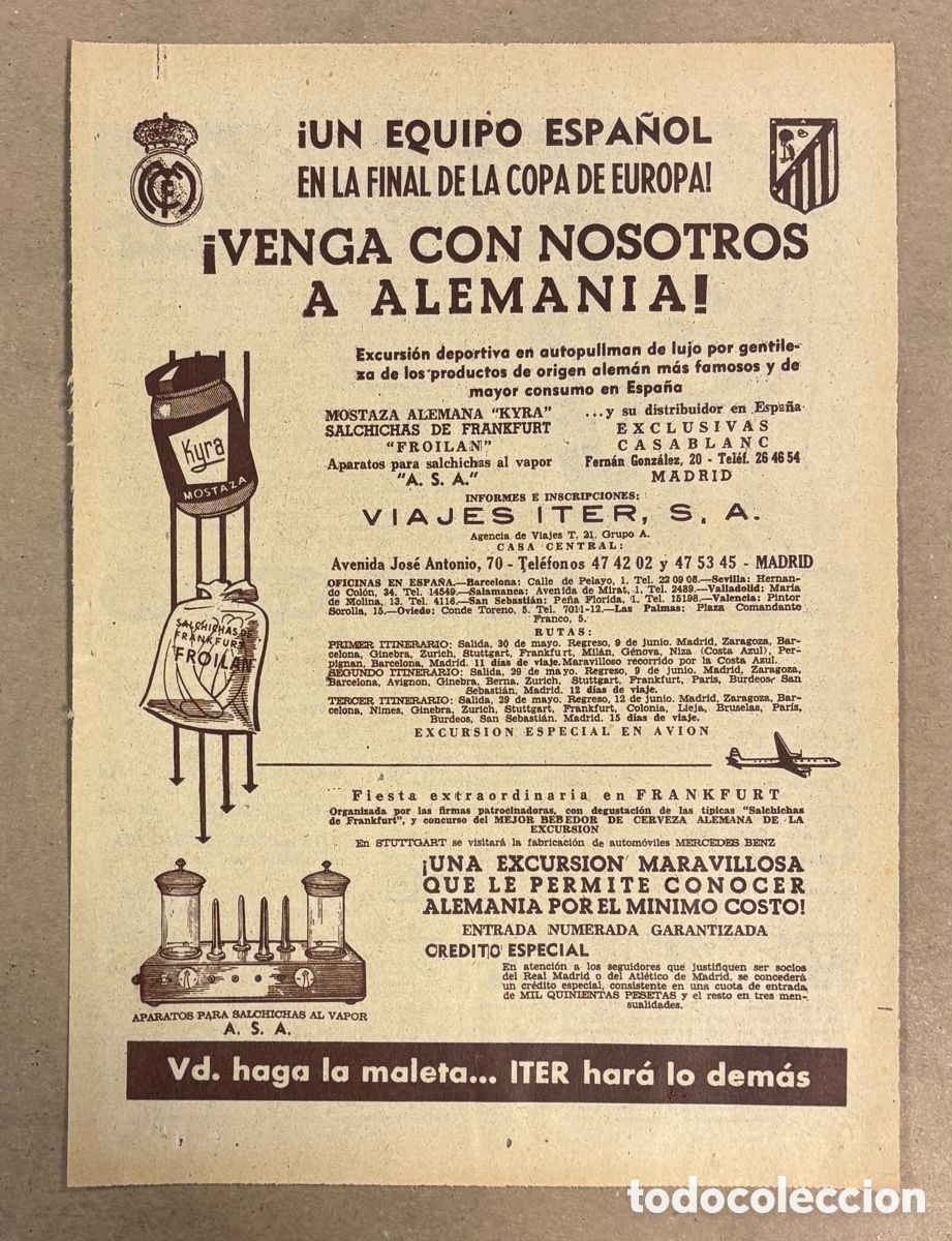Coleccionismo deportivo: FINAL COPA EUROPA 1960: REAL MADRID - EINTRACHT FRANKFURT. ANUNCIO PUBLICITARIO VIAJES ITER.
