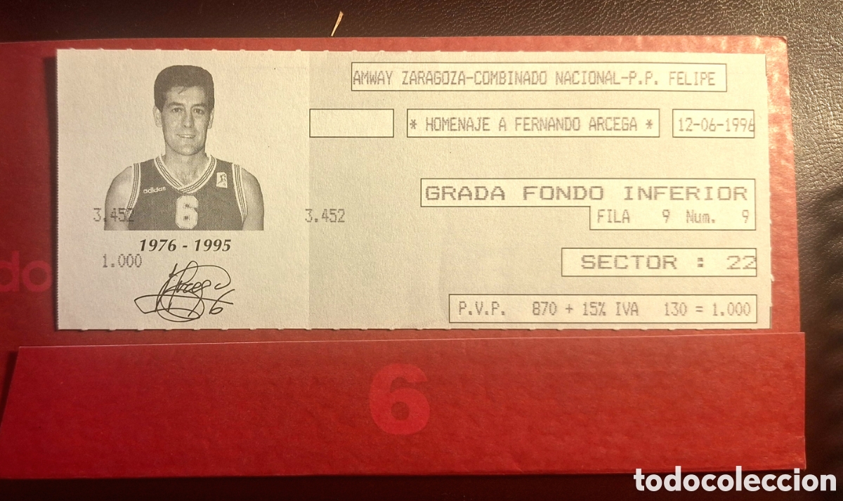 Coleccionismo deportivo: Entrada homenaje a Fernando Arcega baloncesto Zaragoza 1996