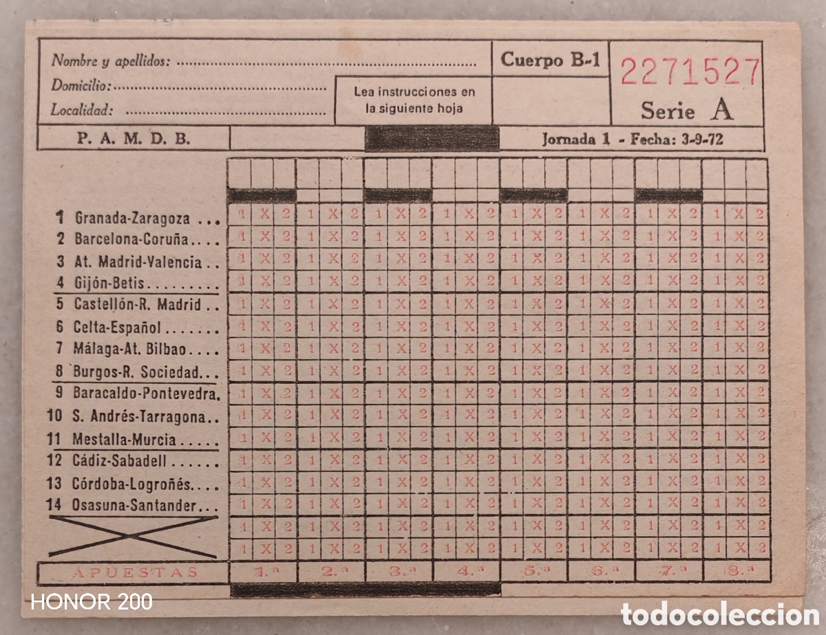 Coleccionismo deportivo: Quiniela - Jornada 1. 3 Septiembre 1972 -