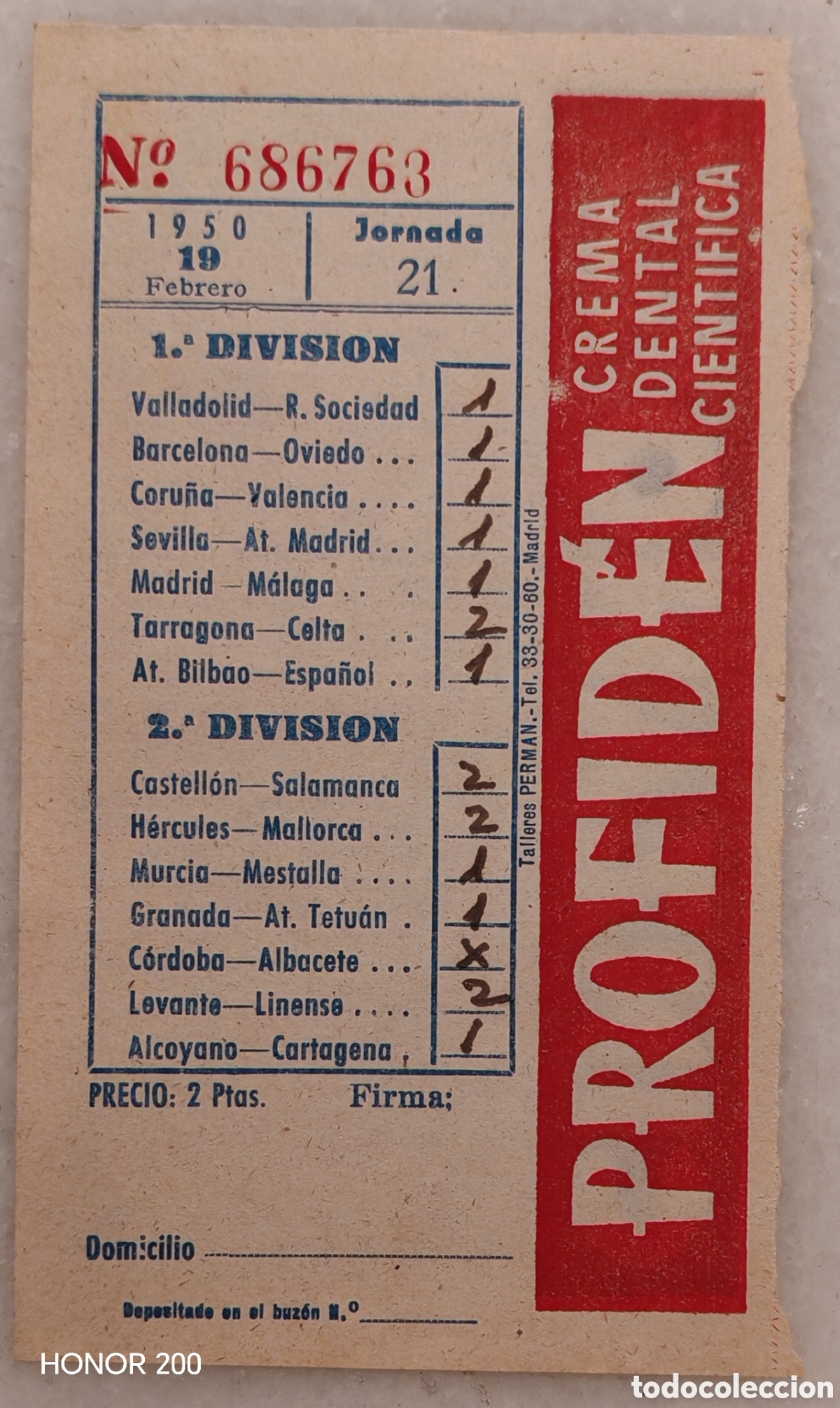 Coleccionismo deportivo: Quiniela - Jornada 21. 19 Febrero 1950 - Liga 1949-50