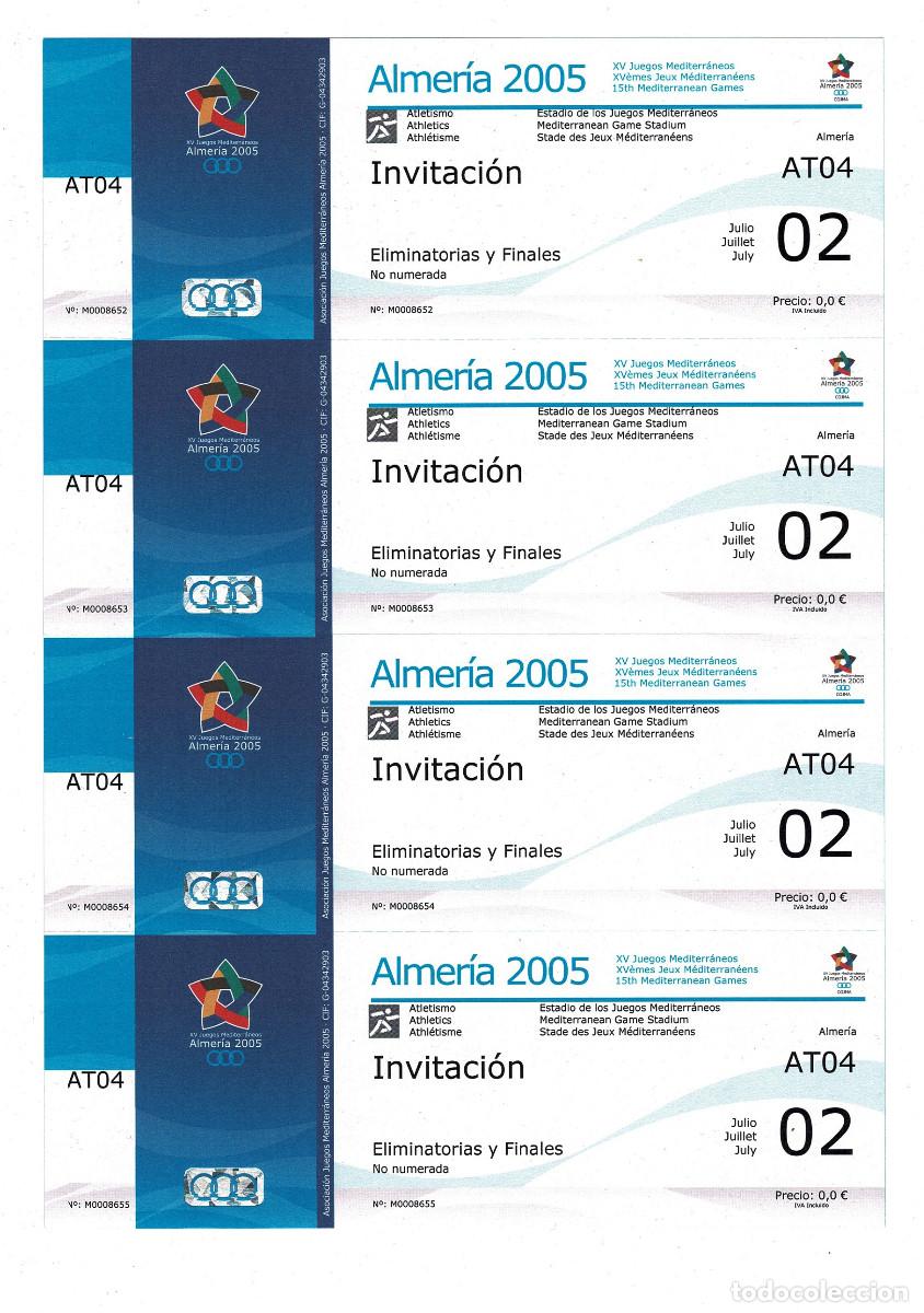 Collectionnisme sportif: HOJA IMPRESA CON CUATRO ENTRADAS OFICIALES SIN CORTAR PARA LOS XV JUEGOS MEDITERR&Aacute;NEOS ALMER&Iacute;A 2005