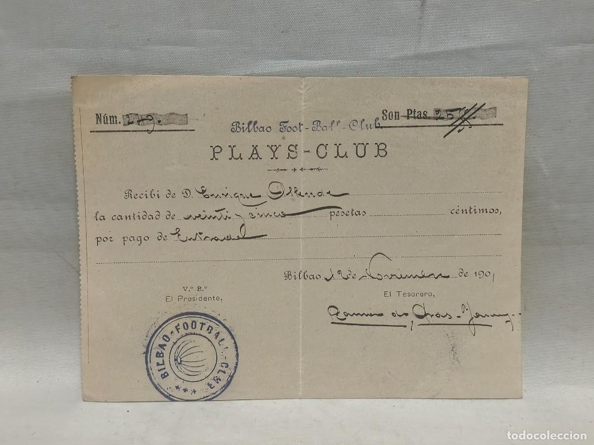 Colecionismo desportivo: RECIBO HIST&Oacute;RICO BILBAO FOOTBALL CLUB 1901. ATHLETIC CLUB. PLAYS-CLUB. ANTIGUO RECIB&Iacute;. RAM&Oacute;N DE ARAS