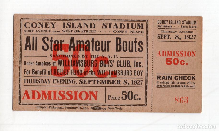 Collectionnisme sportif: BOLETO BOXEO 1927 CONEY ISLAND ORIGINAL. COMPLETO, CON TAL&Oacute;N INTACTO. PIEZA HIST&Oacute;RICA &Uacute;NICA: $50