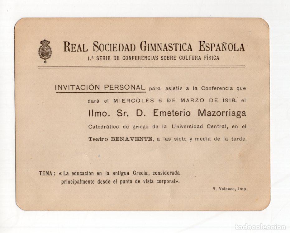 Sports collectibles: INVITACI&Oacute;N HIST&Oacute;RICA (1918) REAL SOCIEDAD GIMN&Aacute;STICA ESPA&Ntilde;OLA. CONFERENCIA GRECIA.