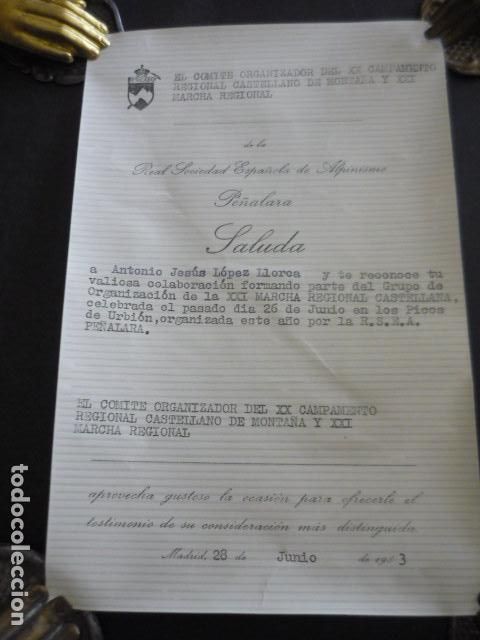 Coleccionismo deportivo: PE&Ntilde;ALARA SOCIEDAD ALPINISMO CARTA SALUDO Y RECONOCIMIENTO MARCHA 1983
