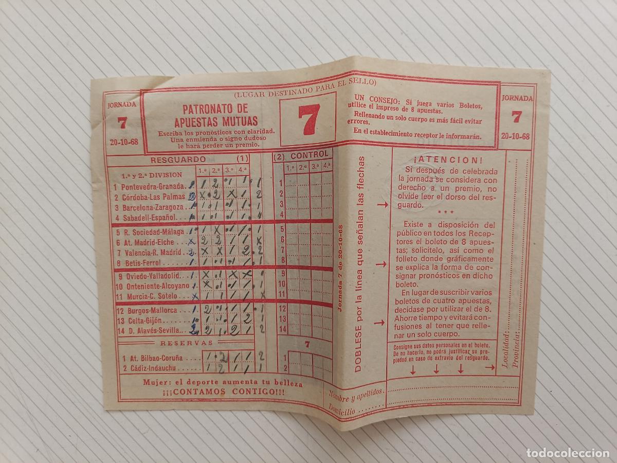 Coleccionismo deportivo: Boleto de Quiniela Rellenado - Jornada 7 - 20-10-1968 - Patronato de Apuestas Mutuas -
