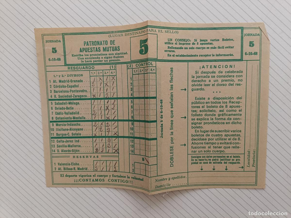 Coleccionismo deportivo: Boleto de Quiniela Rellenado - Jornada 6 - 6-10-1968 - Patronato de Apuestas Mutuas -