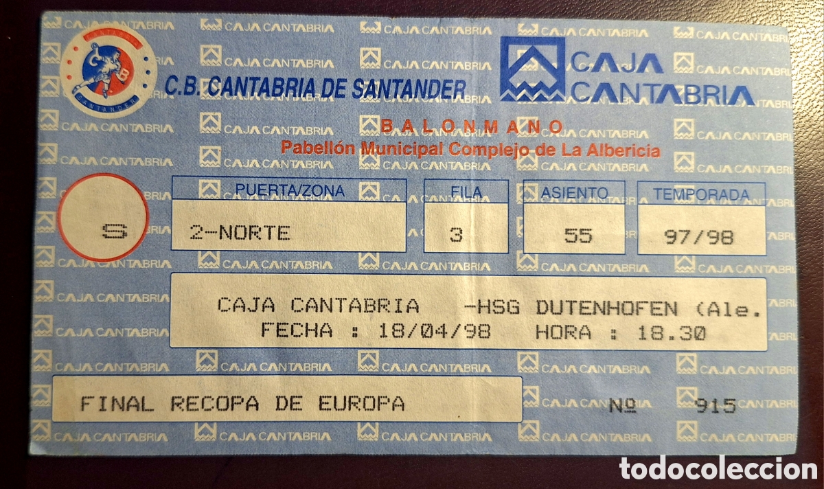 Collectionnisme sportif: Entrada final Recopa de Europa balonmano Caja Cantabria HSG dutenhofen 1998