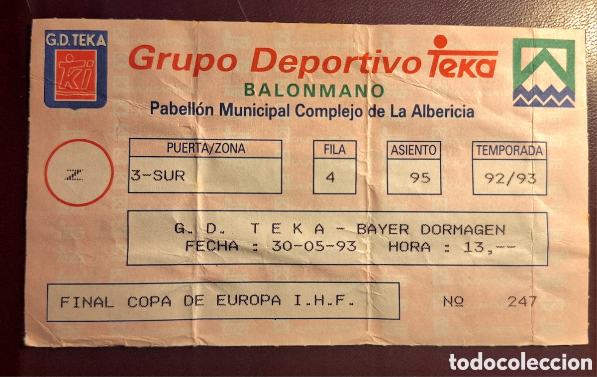 Collectionnisme sportif: Entrada final Copa de Europa balonmano teka Bayern dormagen 1993
