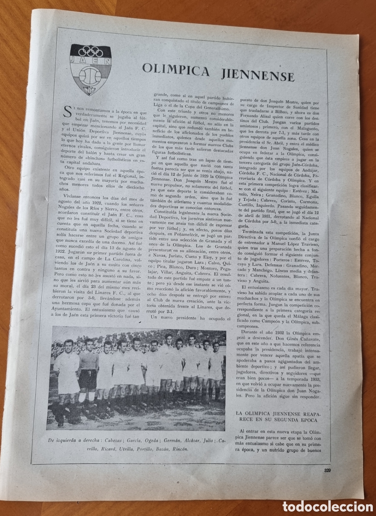 Sports collectibles: Equipo de f&uacute;tbol Ol&iacute;mpica Jiennense Ja&eacute;n hoja original ved fotos