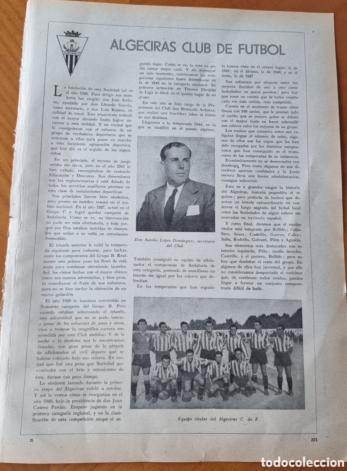 Sports collectibles: Algeciras Club de F&uacute;tbol y Deportivo San Fernando hojas originales C&aacute;diz