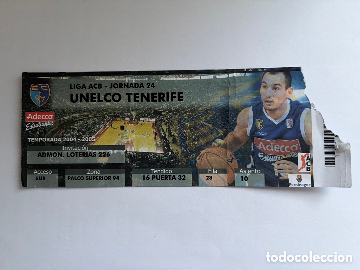 Coleccionismo deportivo: Entrada ticket Estudiantes Unelco Tenerife Baloncesto 2004 2005 Liga ACB Azofra Rodr&iacute;guez Jim&eacute;nez