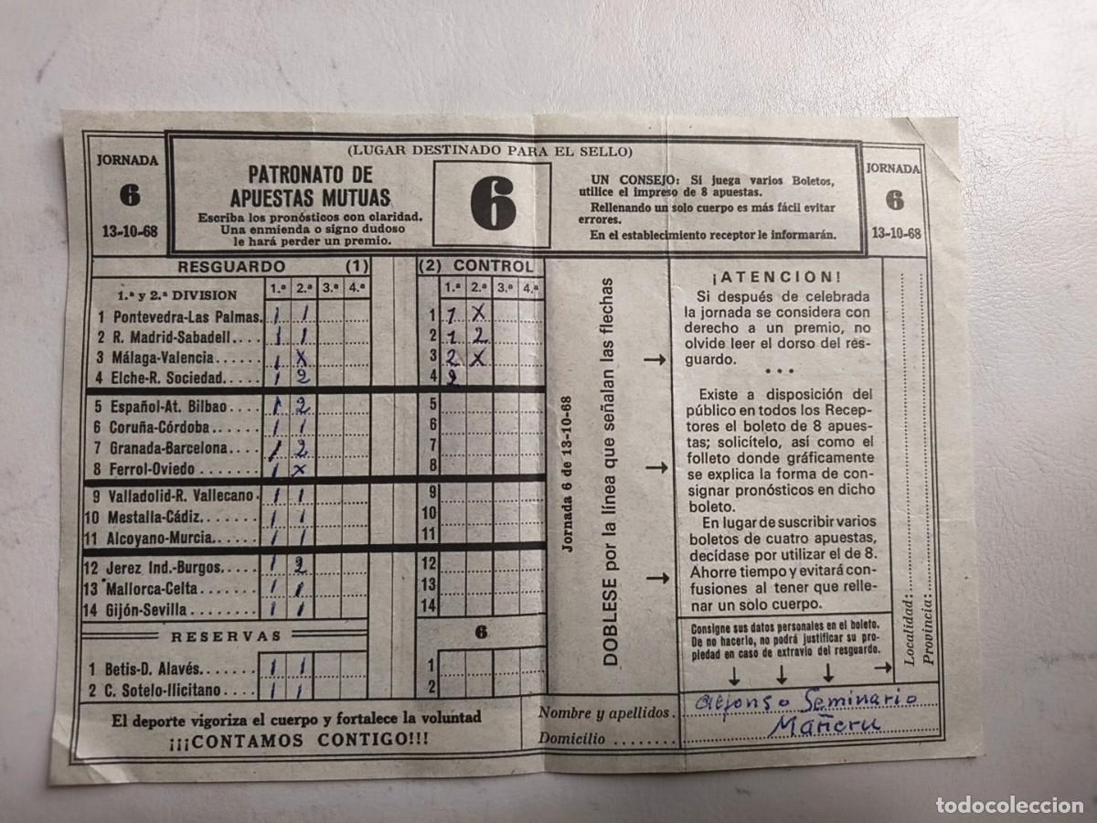 Coleccionismo deportivo: QUINIELA JORNADA 6. 13 OCTUBRE 1968 - Foto 1