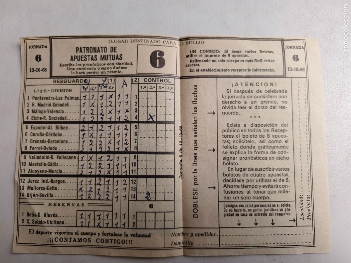 Coleccionismo deportivo: QUINIELA JORNADA 6. 13 OCTUBRE 1968