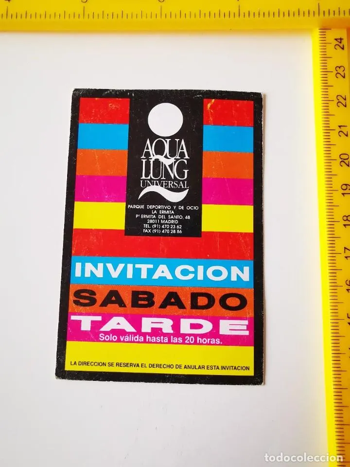 ANTIGUO FLYER INVITACION ENTRADA INVITACION SABADO TARDE DISCOTECA PUB AQUA LUNG MADRID LARIOS