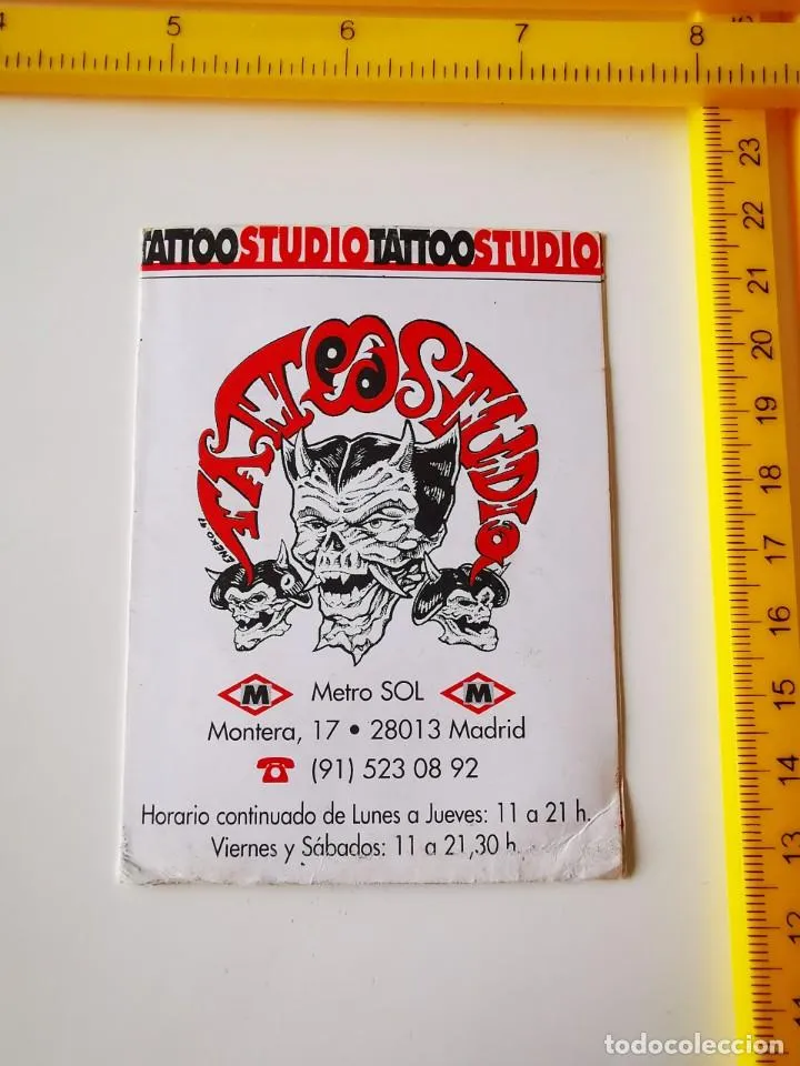 ANTIGUO FLYER RECIBO ESTUDIO TATUAJES PASE PUBLICIDAD TATTOO STUDIO MADRID MONTERA 17