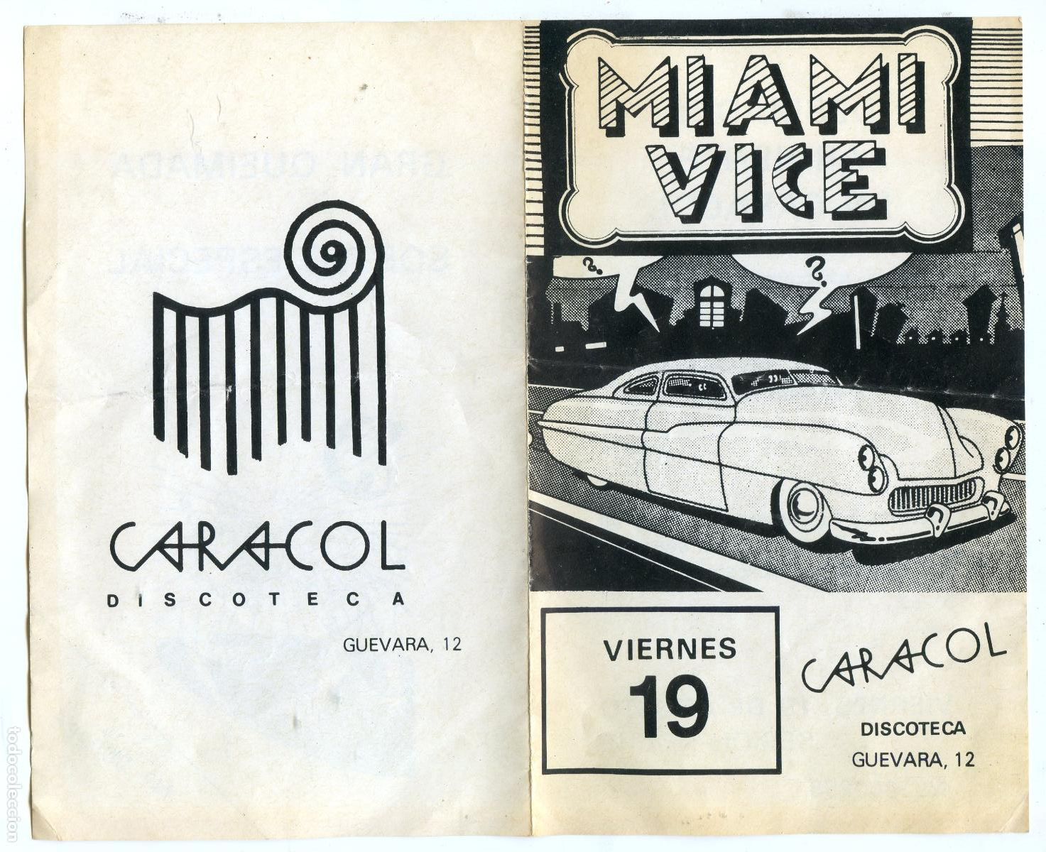 Entradas Antiguas de Conciertos: Entrada programa tipo d&iacute;ptico Miami Vice, discoteca Caracol Santander, a&ntilde;os 80