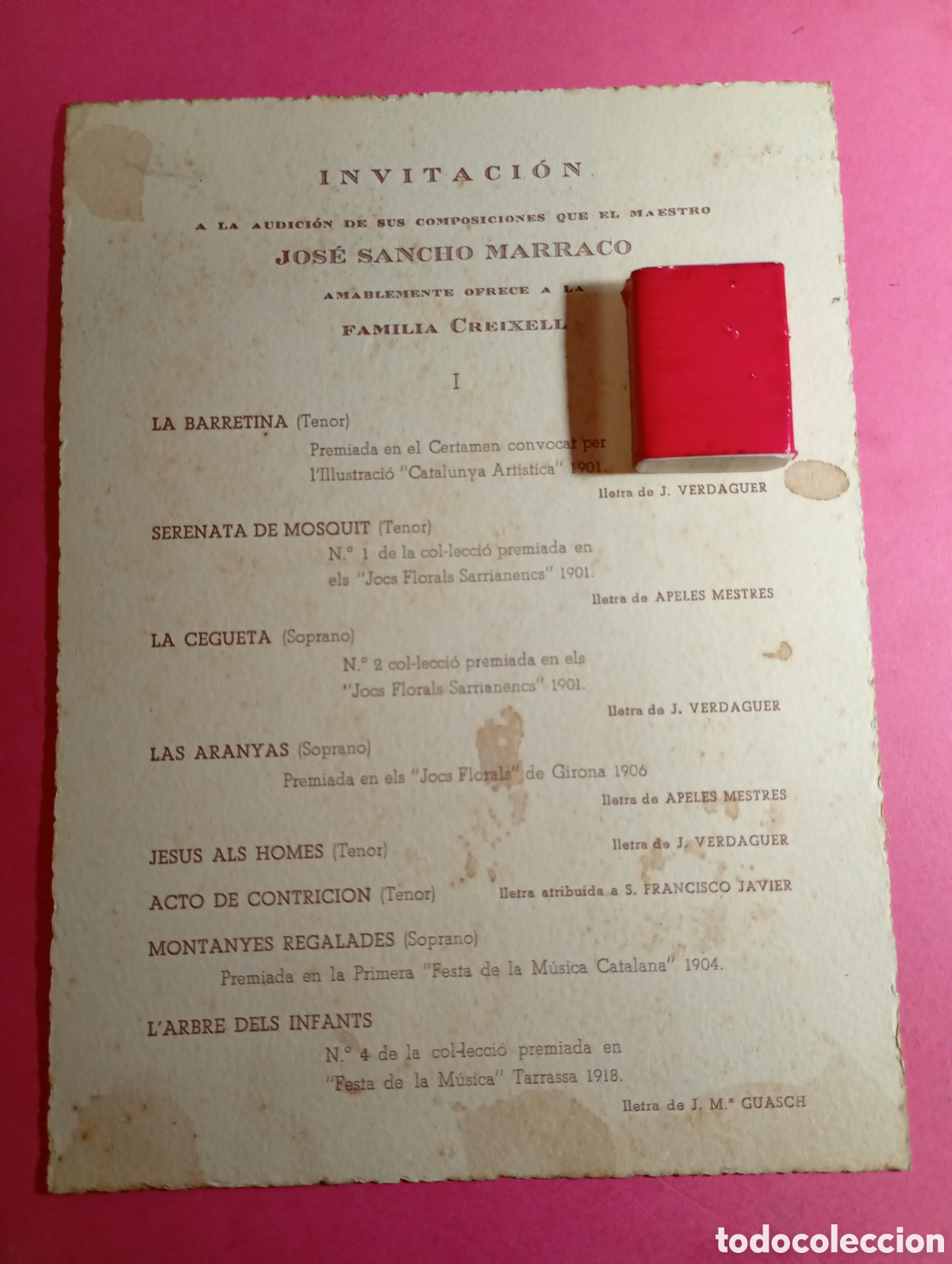 Entradas Antiguas de Conciertos: invitaci&oacute;n audici&oacute;n composiciones que jos&eacute; sancho marraco amablemente ofrece a familia creixell 1947
