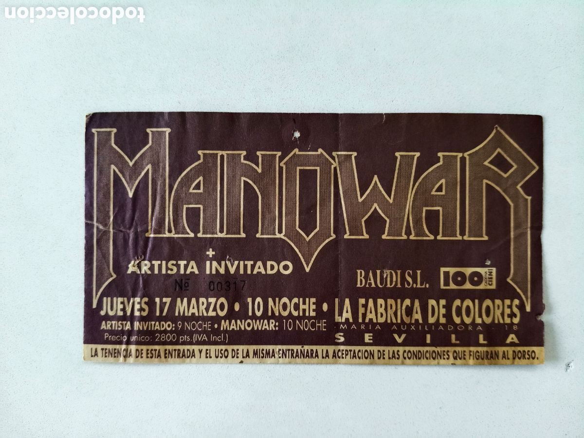 Entradas Antiguas de Conciertos: MANOWAR - Sevilla 1994 - ENTRADA DE CONCIERTO Fabrica De Colores // Heavy Metal