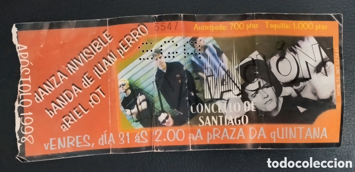 Entradas Antiguas de Conciertos: ENTRADA de &rdquo;DANZA INVISIBLE&rdquo; + &rdquo;BANDA DE JUAN PERRO&rdquo; + &rdquo;ARIEL ROT&rdquo; AP&Oacute;STOLO a&ntilde;o 1998 ESTADO ver foto
