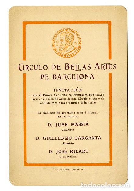 Entradas Antiguas de Conciertos: Entrada C&iacute;rculo de Bellas Artes de Barcelona 1915, Juan Massi&agrave; - Bellas Artes