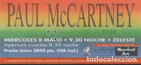 Entradas Antiguas de Conciertos: The Beatles: Paul McCartney - Sala Zeleste sin uso- para enmarcar- imposible!!! de coleccion- Nueva!