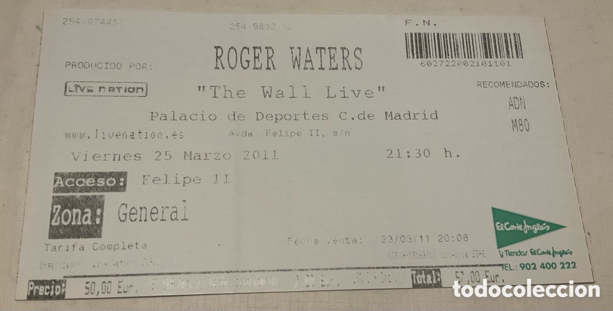 Tickets for concerts: Entrada concierto Roger Waters. The Wall. 2011. Madrid