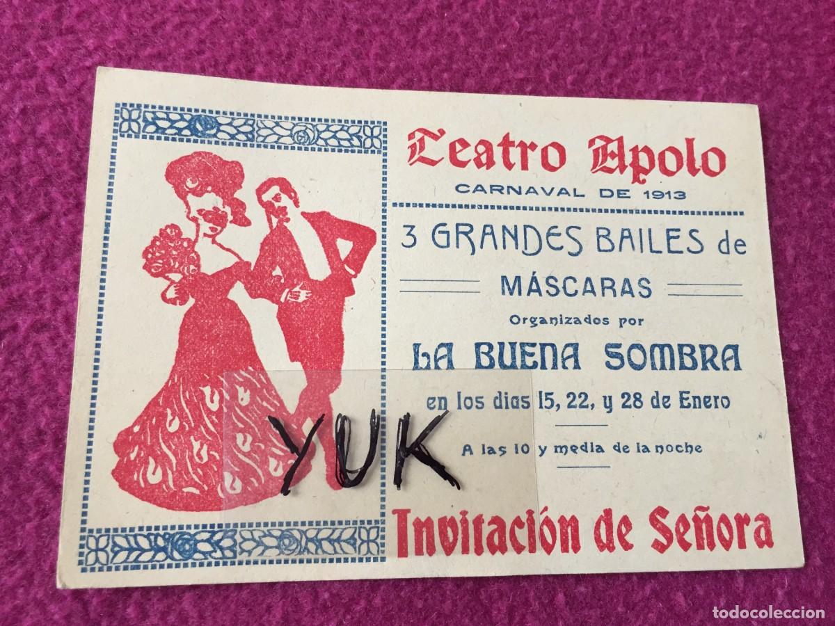 Entradas antiguas de conciertos: INVITACION DE SE&Ntilde;ORA PARA EL BAILE DE MASCARAS DEL TEATRO APOLO DE VALENCIA DE ENERO DE 1913