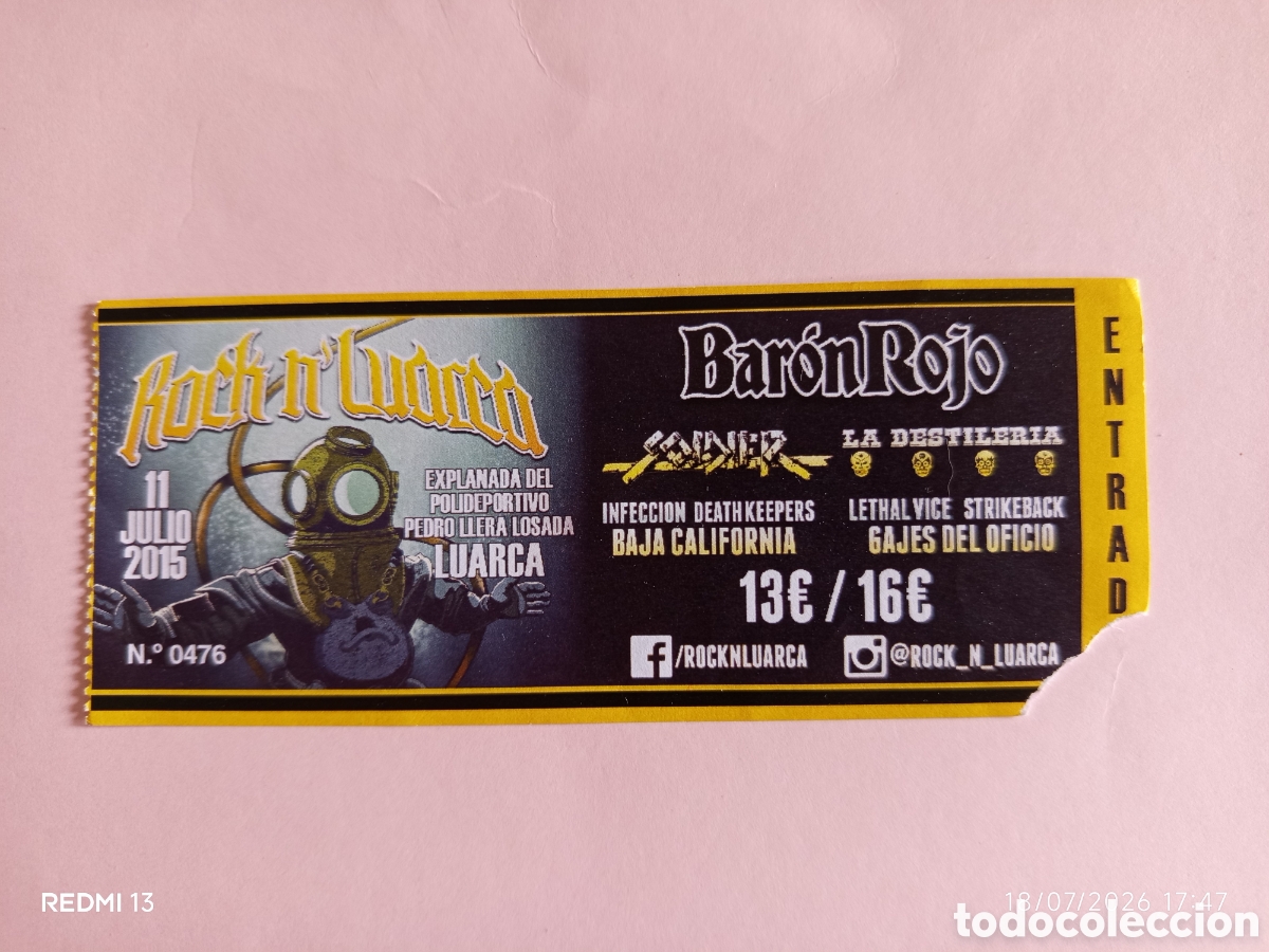 Entradas antiguas de conciertos: Tiket entrada Bar&oacute;n Rojo 2015 Luarca, Asturias
