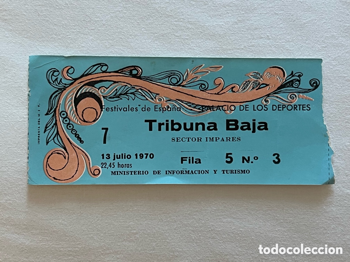 Entradas antiguas de conciertos: ENTRADA FESTIVALES DE ESPA&Ntilde;A, PALACIO DE LOS DEPORTES, 13 DE JULIO DE 1970, TRIBUNA BAJA