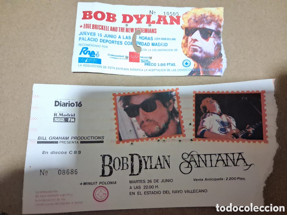 Entradas antiguas de conciertos: LOTE 2 ENTRADAS CONCIERTO ORIGINALES BOB DYLAN ESTADIO RAYO VALLECANO + PALACIO DEPORTES