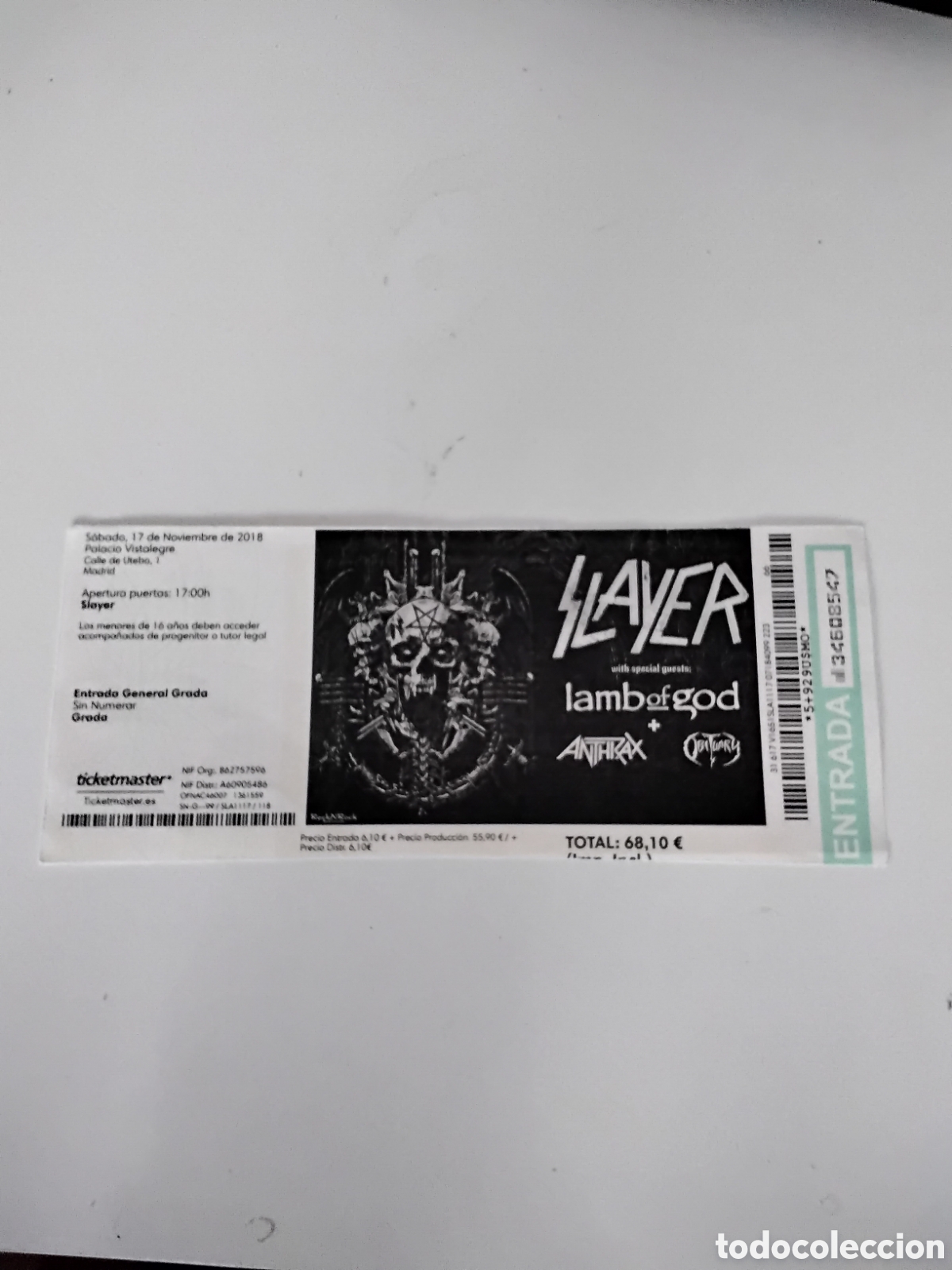 Entradas antiguas de conciertos: ENTRADA CONCIERTO SLAYER LAMB OF GOD ANTHRAX OBITUARY 17 NOV. 2018 MADRID
