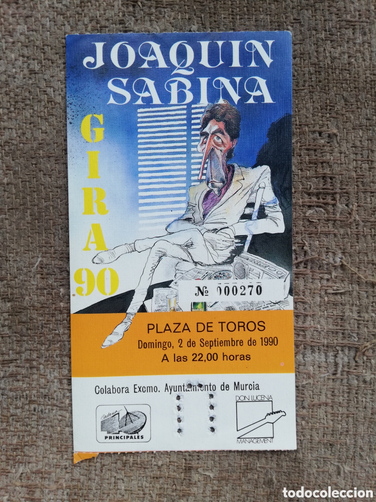 Entradas antiguas de conciertos: Entrada Gira 90 Joaqu&iacute;n Sabina. Plaza de toros Murcia 2 de septiembre de 1990