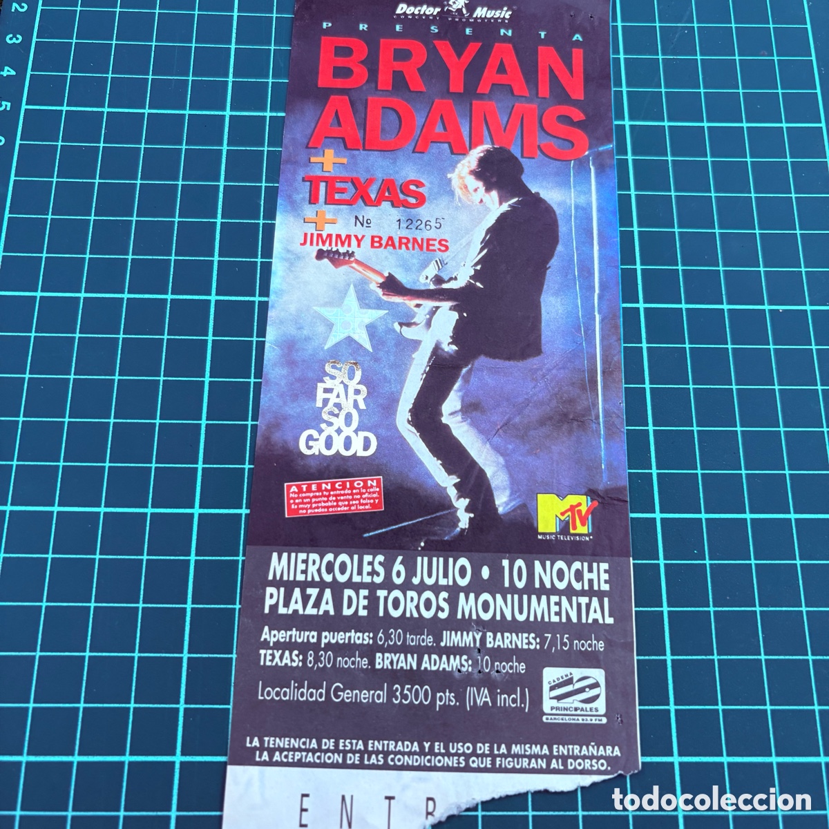 Entradas antiguas de conciertos: Entrada concierto Bryan Adams Texas Jimmy Barnes Plaza de Toros Monumental Barcelona 6 julio 1994