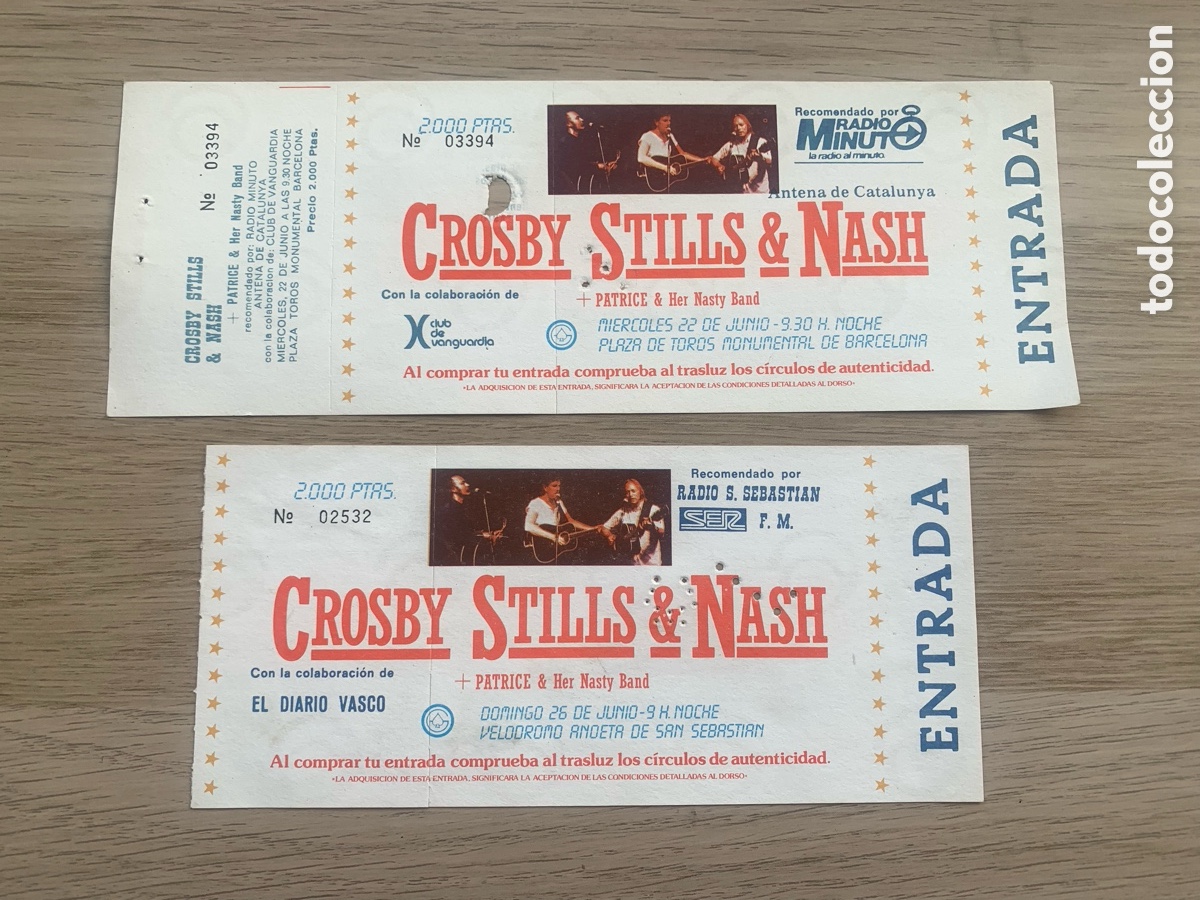 Entradas antiguas de conciertos: Pareja Entradas concierto de Crosby, Stills & Nash - Vel&oacute;dromo de Anoeta, 1983 (San Sebasti&aacute;n)