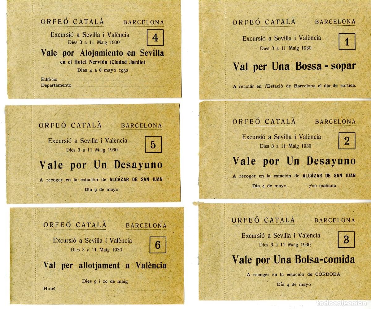 Entradas antiguas de conciertos: Pack completo de vales Orfeo Catal&agrave; xcursi&oacute;n a Sevilla y Valencia 3-11-1930 - Orfe&oacute; Catal&aacute;
