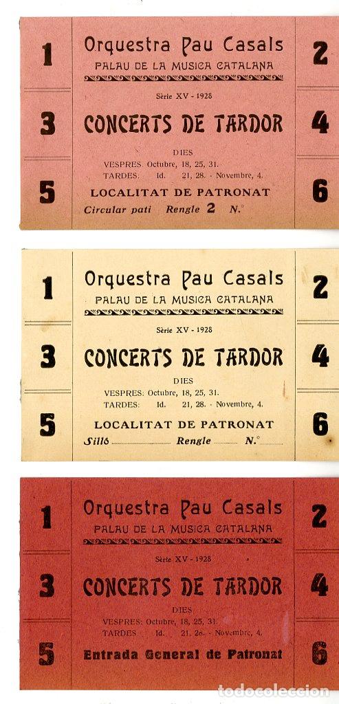 Entradas antiguas de conciertos: Set de tres tickets Orquesta Pau Casals 1928 Concerts de tardor - Palau de la M&uacute;sica Catalana