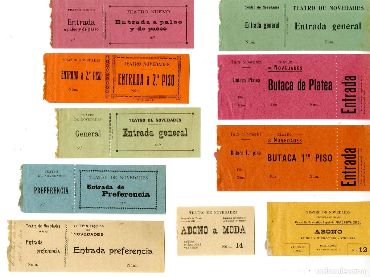 Entradas antiguas de conciertos: Set de 9 entradas y abonos 1914-15 Teatro de Novedades / Margarita Xirgu - Teatro de Novedades