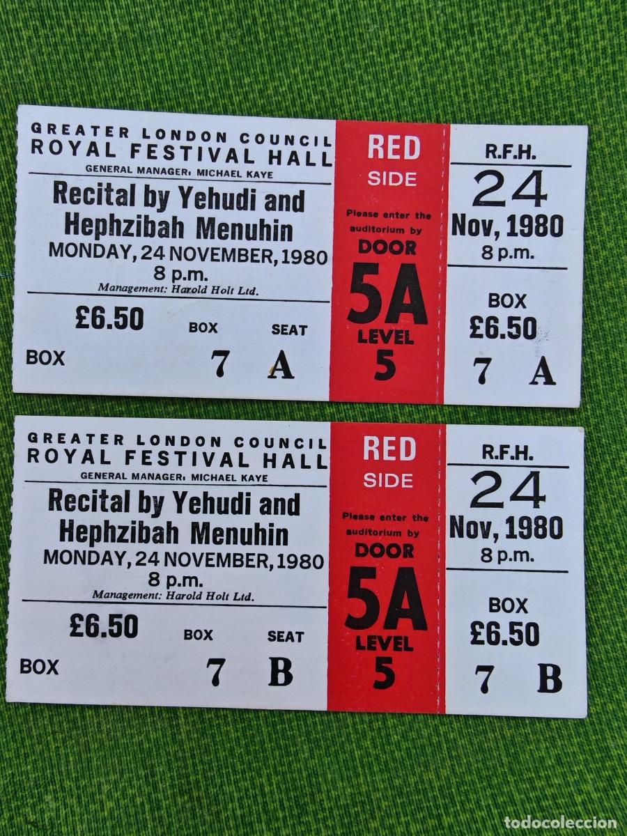 Billets de concerts: Dos entradas de concierto antiguas para un recital ofrecido por el violinista Yehudi Menuhin ,1980