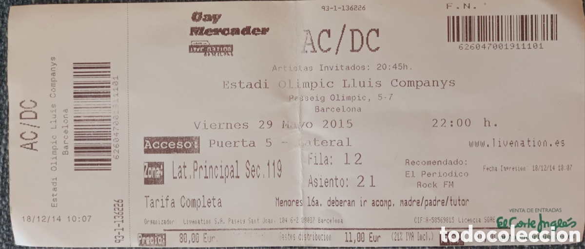 Entradas antiguas de conciertos: ENTRADA CONCIERTO AC/DC - Foto 1