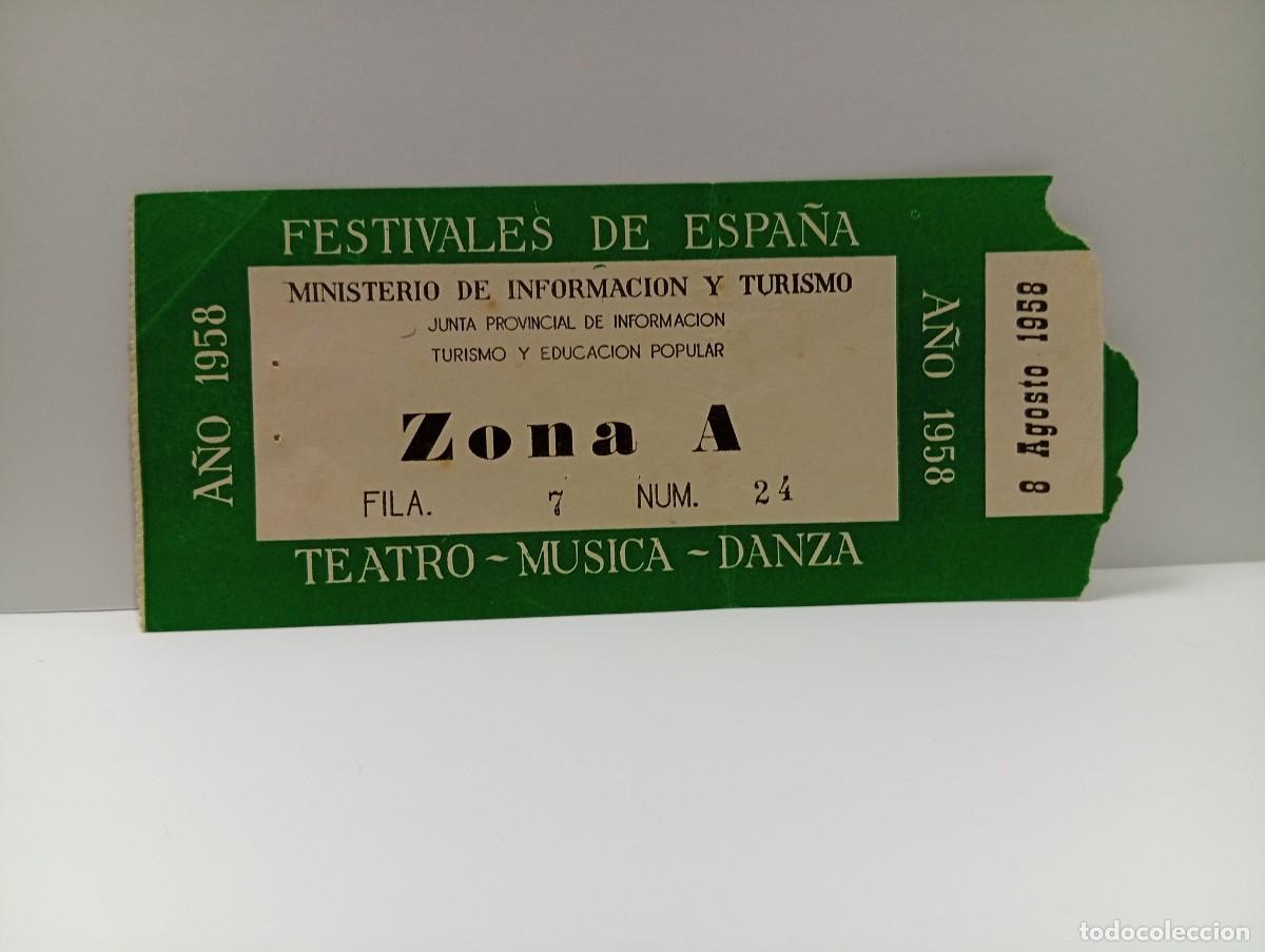 Entradas antiguas de conciertos: C&Aacute;DIZ. ENTRADA FESTIVALES DE ESPA&Ntilde;A. ZONA A. TEATRO-MUSICA-DANZA. A&Ntilde;O 1958.