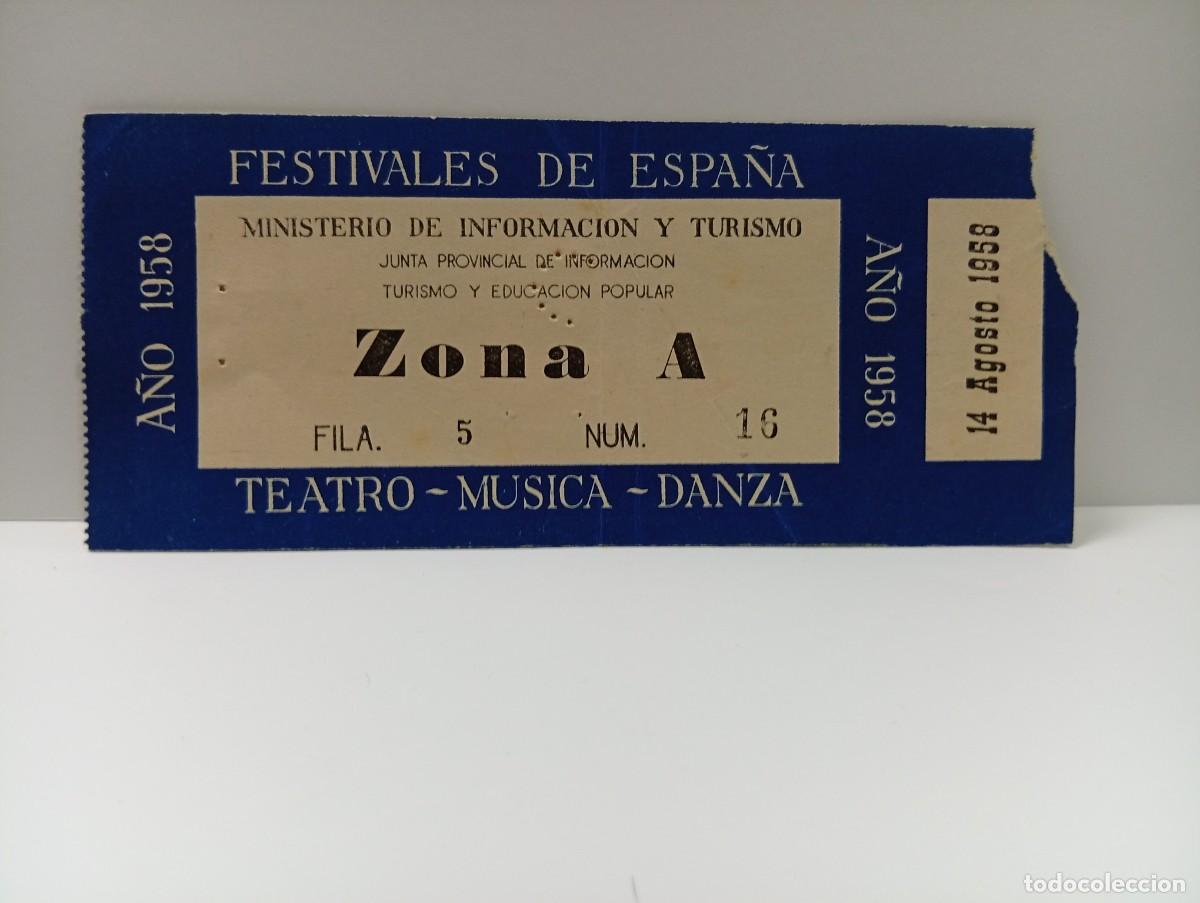 Entradas antiguas de conciertos: C&Aacute;DIZ. ENTRADA FESTIVALES DE ESPA&Ntilde;A. ZONA A. TEATRO-MUSICA-DANZA. A&Ntilde;O 1958.