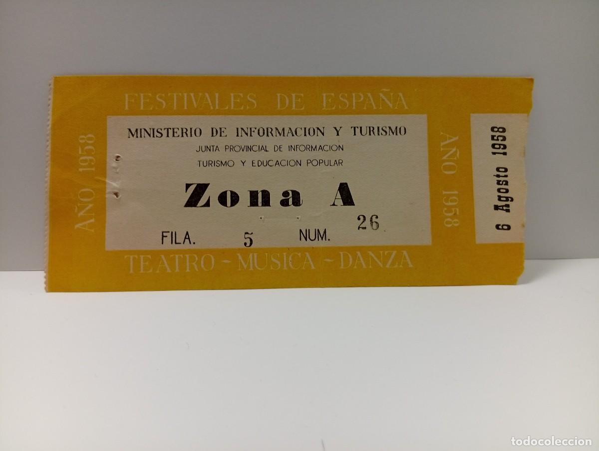 Entradas antiguas de conciertos: C&Aacute;DIZ. ENTRADA FESTIVALES DE ESPA&Ntilde;A. ZONA A. TEATRO-MUSICA-DANZA. A&Ntilde;O 1958.