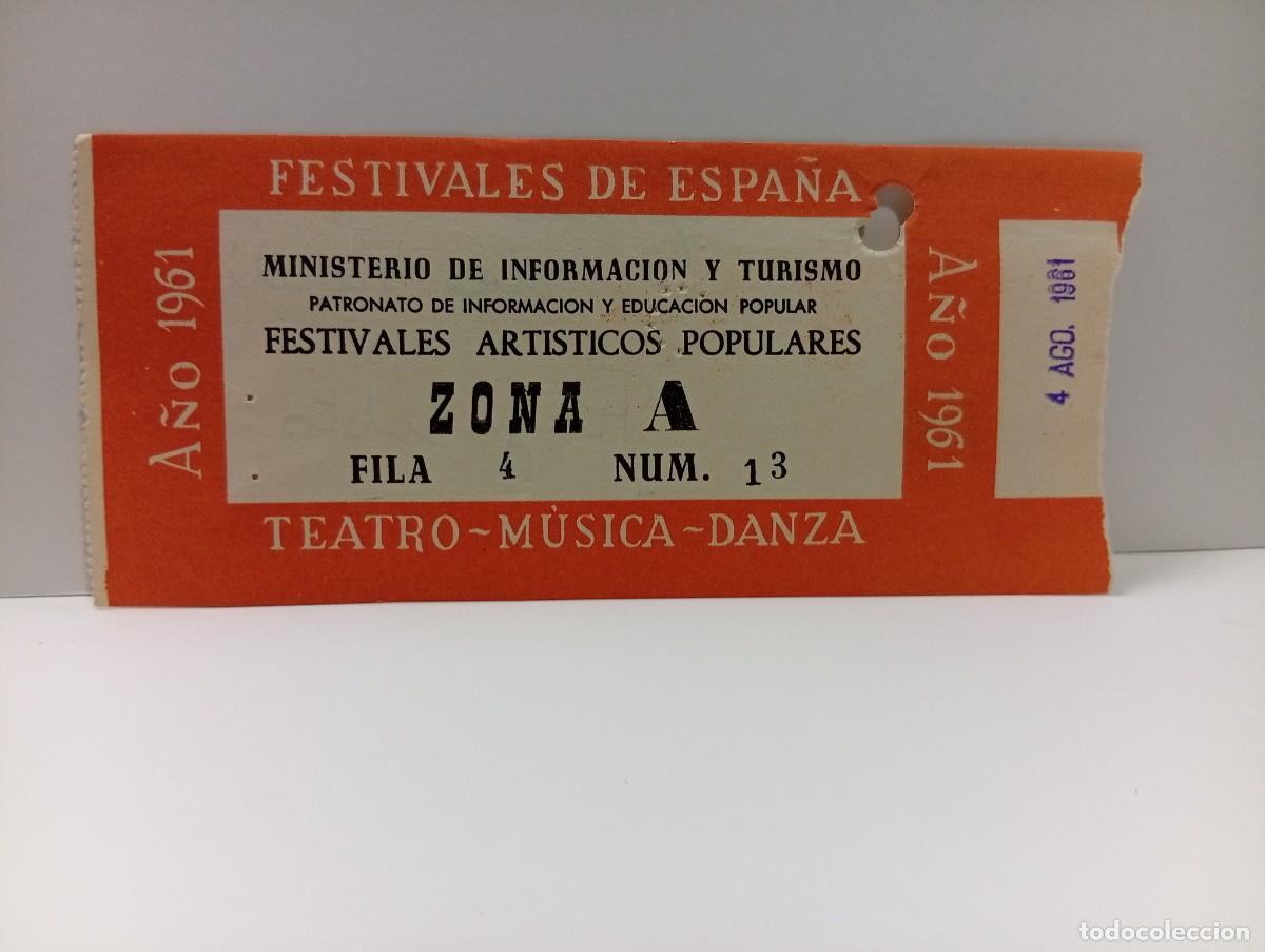 Entradas antiguas de conciertos: C&Aacute;DIZ. ENTRADA FESTIVALES DE ESPA&Ntilde;A. ZONA A. TEATRO-MUSICA-DANZA. A&Ntilde;O 1961.