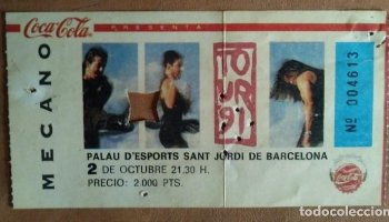 ENTRADA CONCIERTO MECANO TOUR 91 - Tour Aidalai - 2 octubre 91 - Palau Sant Jordi Barcelona 1991