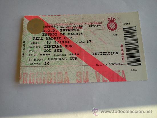 Coleccionismo deportivo: Entrada RCD Espanyol RCD Espa&ntilde;ol - Real Madrid B (antiguo Castilla) Liga Segunda temporada 1993-94