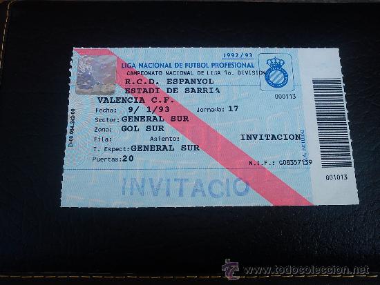 Coleccionismo deportivo: Entrada partido Liga 1&ordf; Divisi&oacute;n f&uacute;tbol Sarri&agrave; RCD Espanyol RCD Espa&ntilde;ol - Valencia temp 1992-93